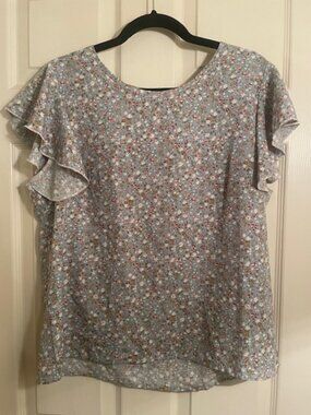 Emery Rose Blue Floral Flutter Sleeve Blouse XL